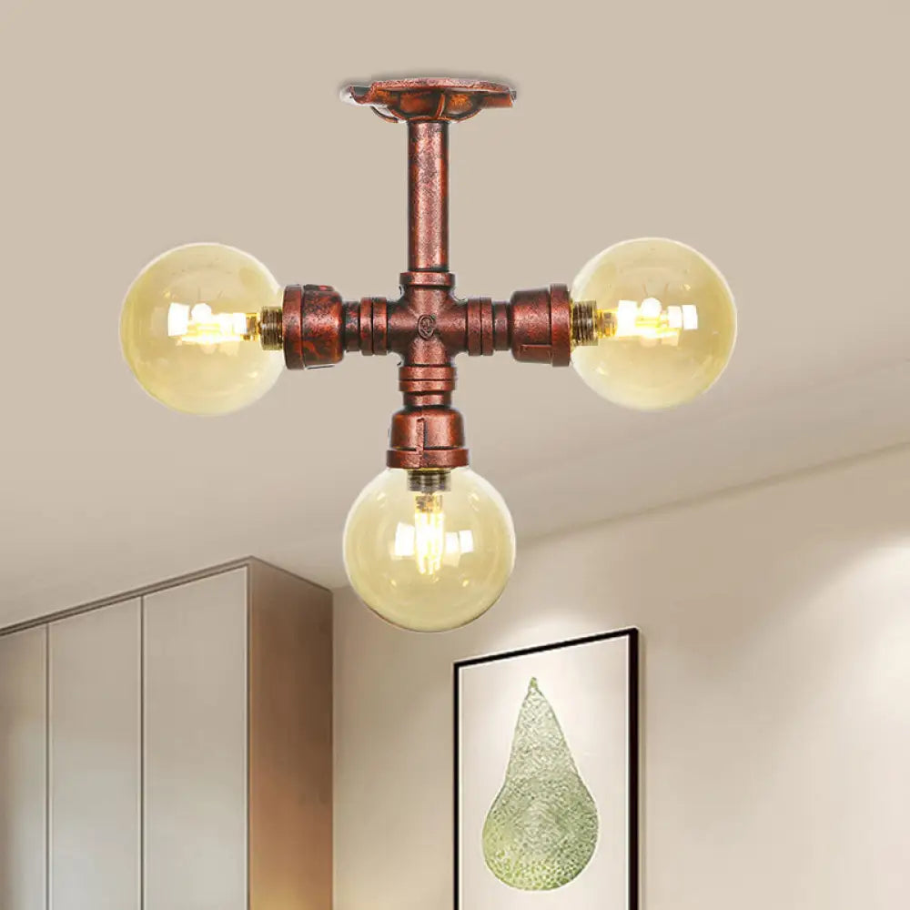 Amber Glass Copper Semi Flush Light Sphere Led Ceiling Fixture - Farmhouse Style / A