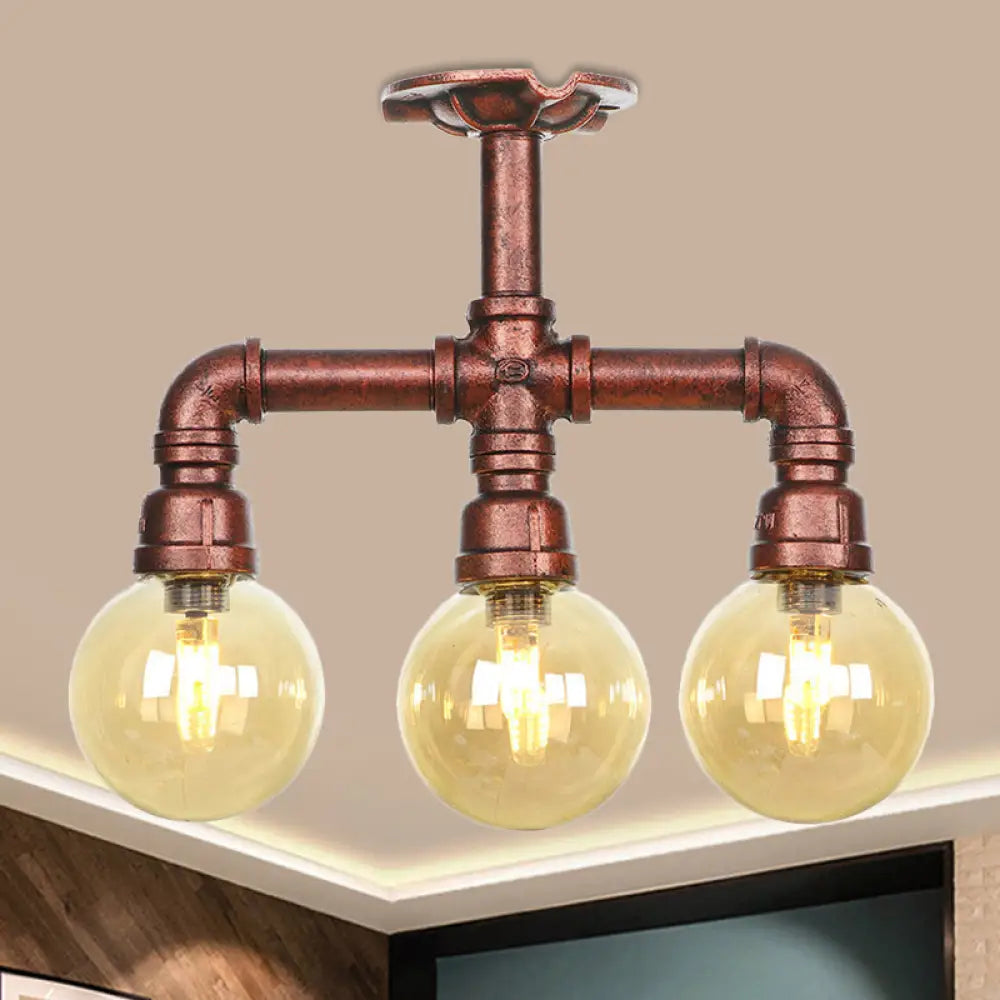 Amber Glass Copper Semi Flush Light Sphere Led Ceiling Fixture - Farmhouse Style / B