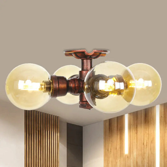 Amber Glass Copper Semi Flush Light Sphere Led Ceiling Fixture - Farmhouse Style / C