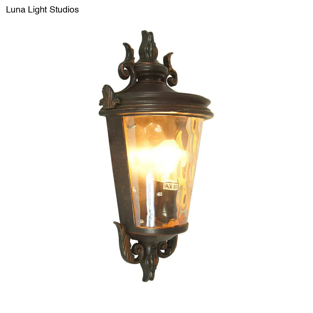 Amber Glass Country Lantern Sconce In Brown And Black: 1-Light Wall Lighting