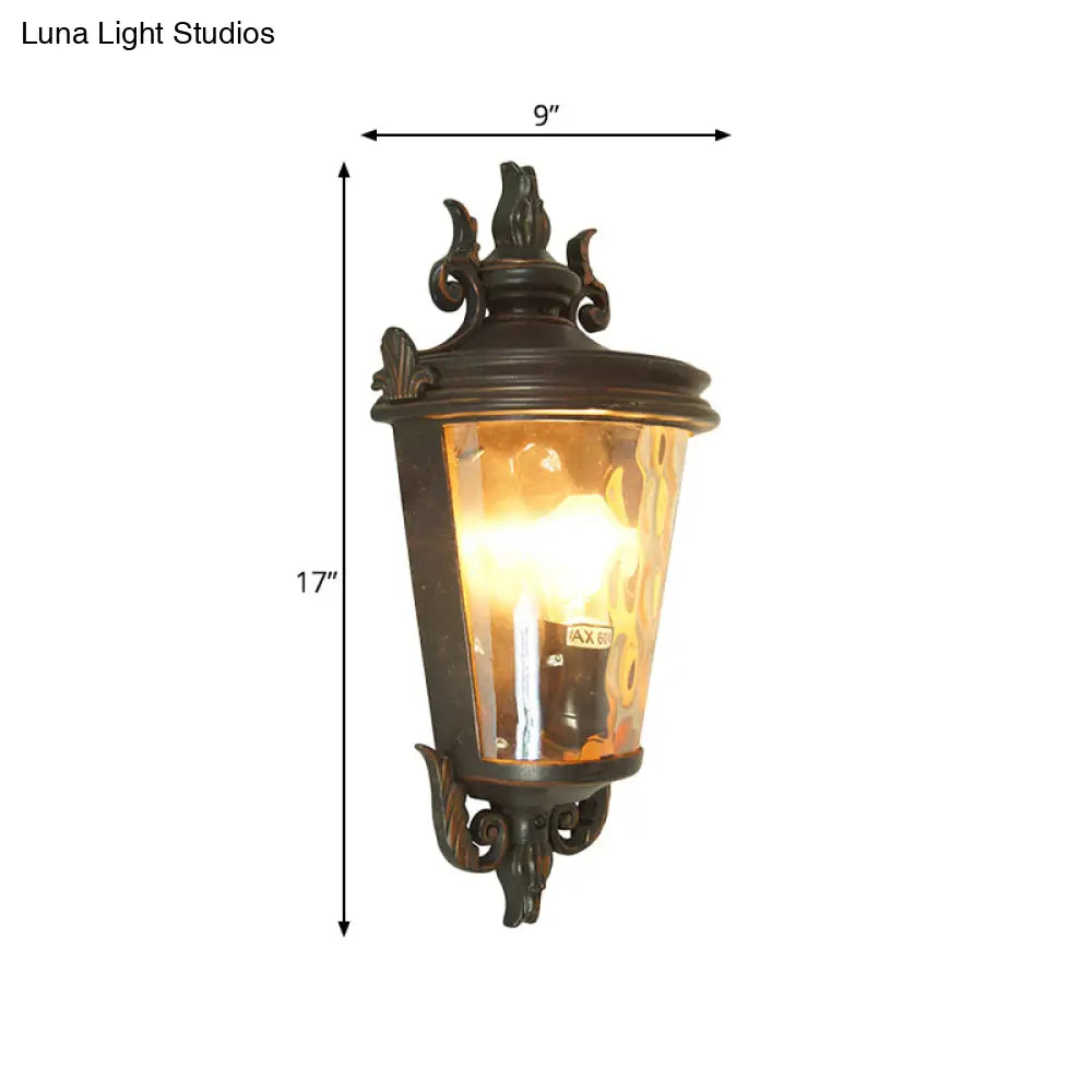 Amber Glass Country Lantern Sconce In Brown And Black: 1-Light Wall Lighting