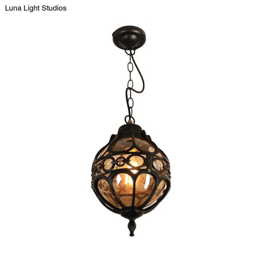 Amber Glass Farmhouse Hanging Light: Round Restaurant Ceiling Lamp With Cage In Black/Brass