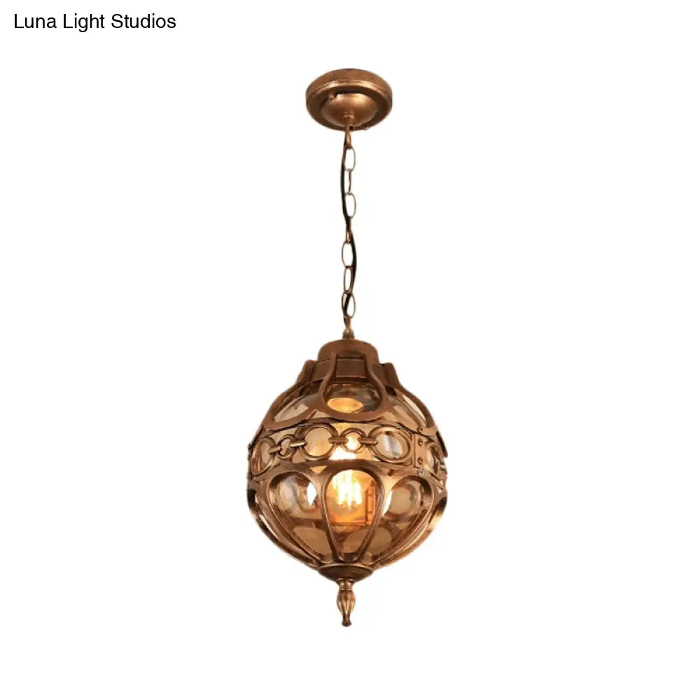 Amber Glass Farmhouse Hanging Light: Round Restaurant Ceiling Lamp With Cage In Black/Brass