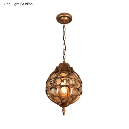 Amber Glass Farmhouse Hanging Light: Round Restaurant Ceiling Lamp With Cage In Black/Brass