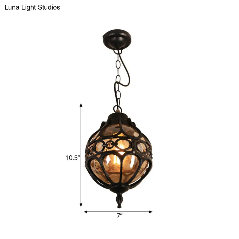 Amber Glass Farmhouse Hanging Light: Round Restaurant Ceiling Lamp With Cage In Black/Brass