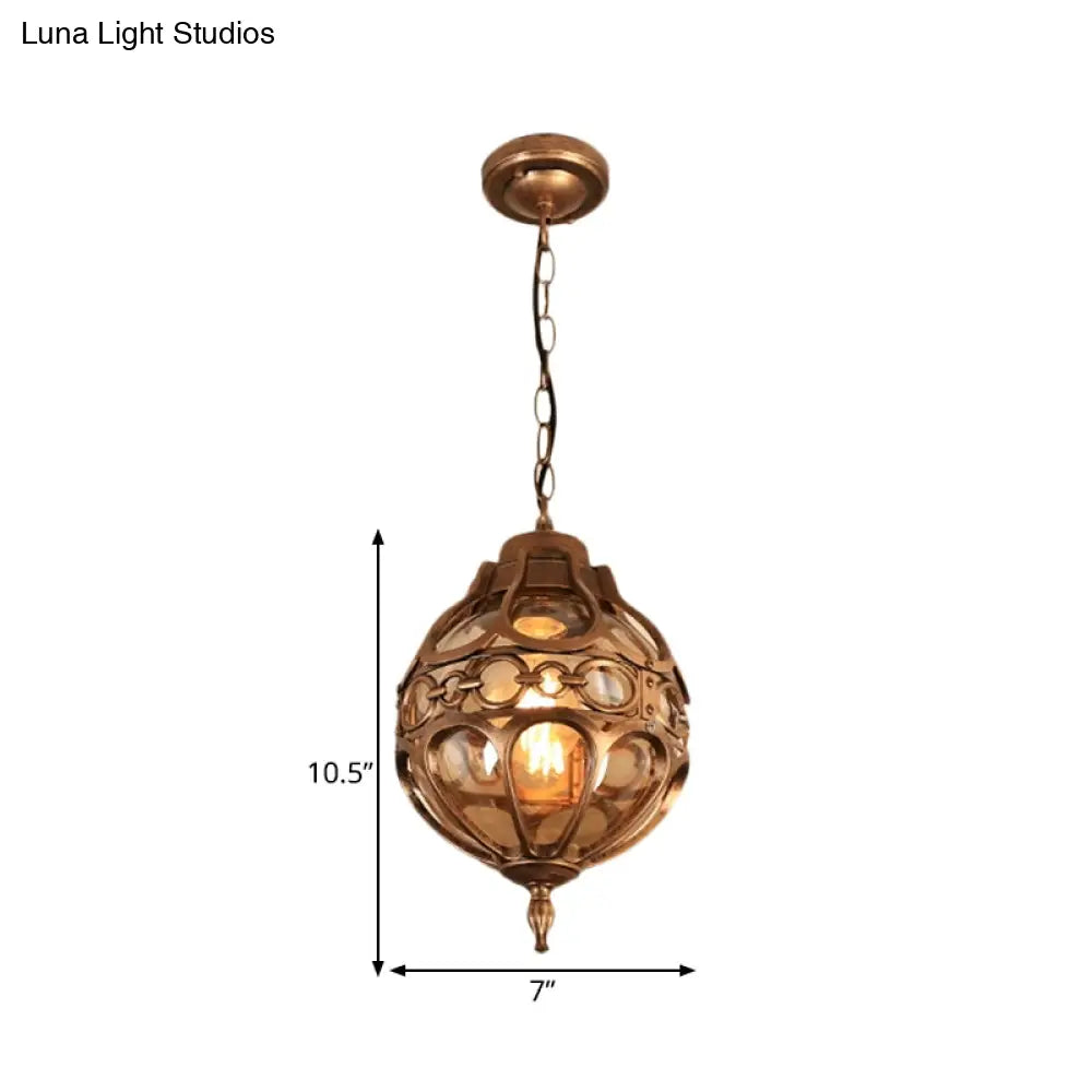 Amber Glass Farmhouse Hanging Light: Round Restaurant Ceiling Lamp With Cage In Black/Brass