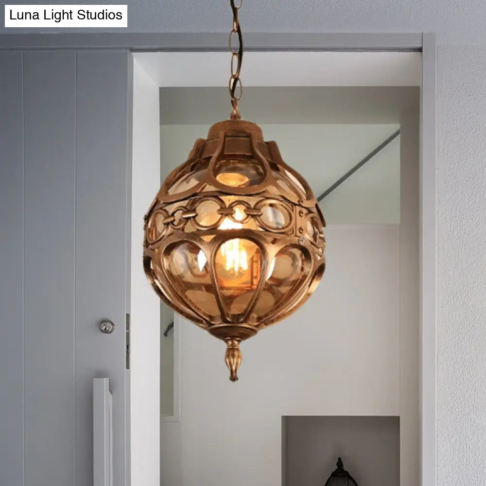 Amber Glass Farmhouse Hanging Light: Round Restaurant Ceiling Lamp With Cage In Black/Brass