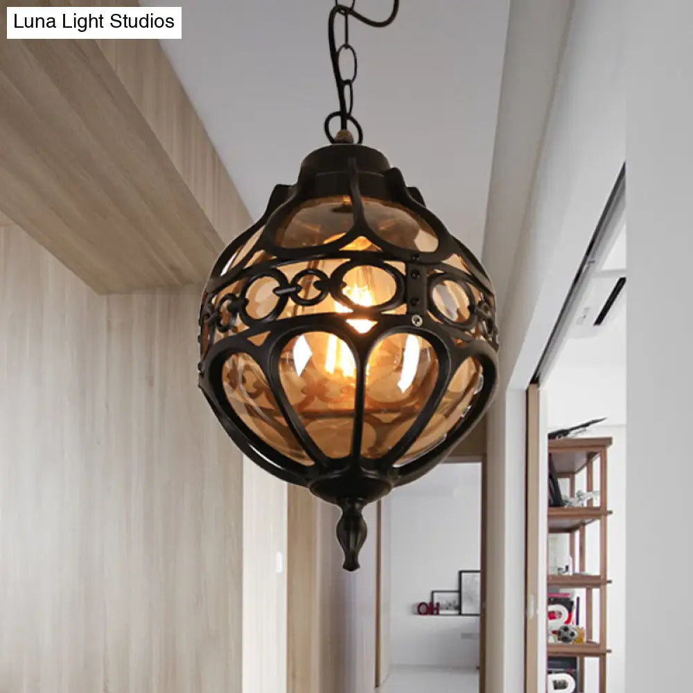 Amber Glass Farmhouse Hanging Light: Round Restaurant Ceiling Lamp With Cage In Black/Brass