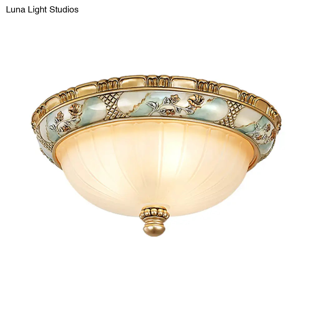 Amber Glass Flush Mount Ceiling Lamp - Traditional Dome Shade 3 Heads 15’/19’ Width Gold Finish