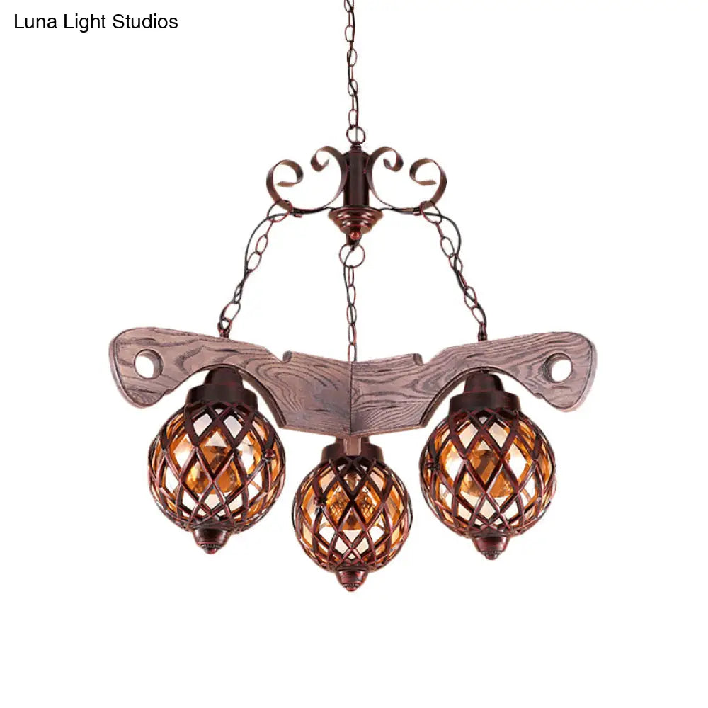 Amber Glass Globe Chandelier With Adjustable Heads In Country Style Black Pendant Light