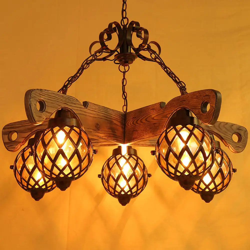 Amber Glass Globe Chandelier With Adjustable Heads In Country Style Black Pendant Light 5 /