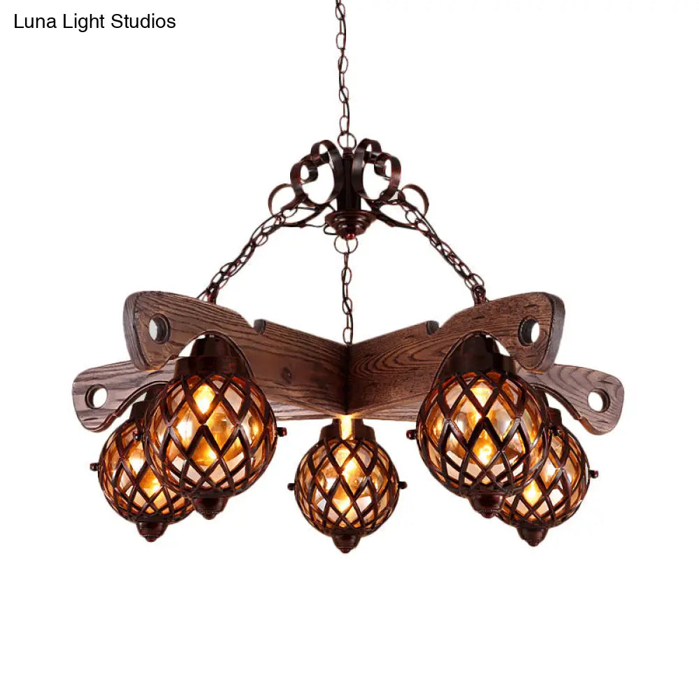 Amber Glass Globe Chandelier With Adjustable Heads In Country Style Black Pendant Light