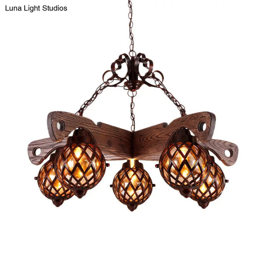 Amber Glass Globe Chandelier With Adjustable Heads In Country Style Black Pendant Light