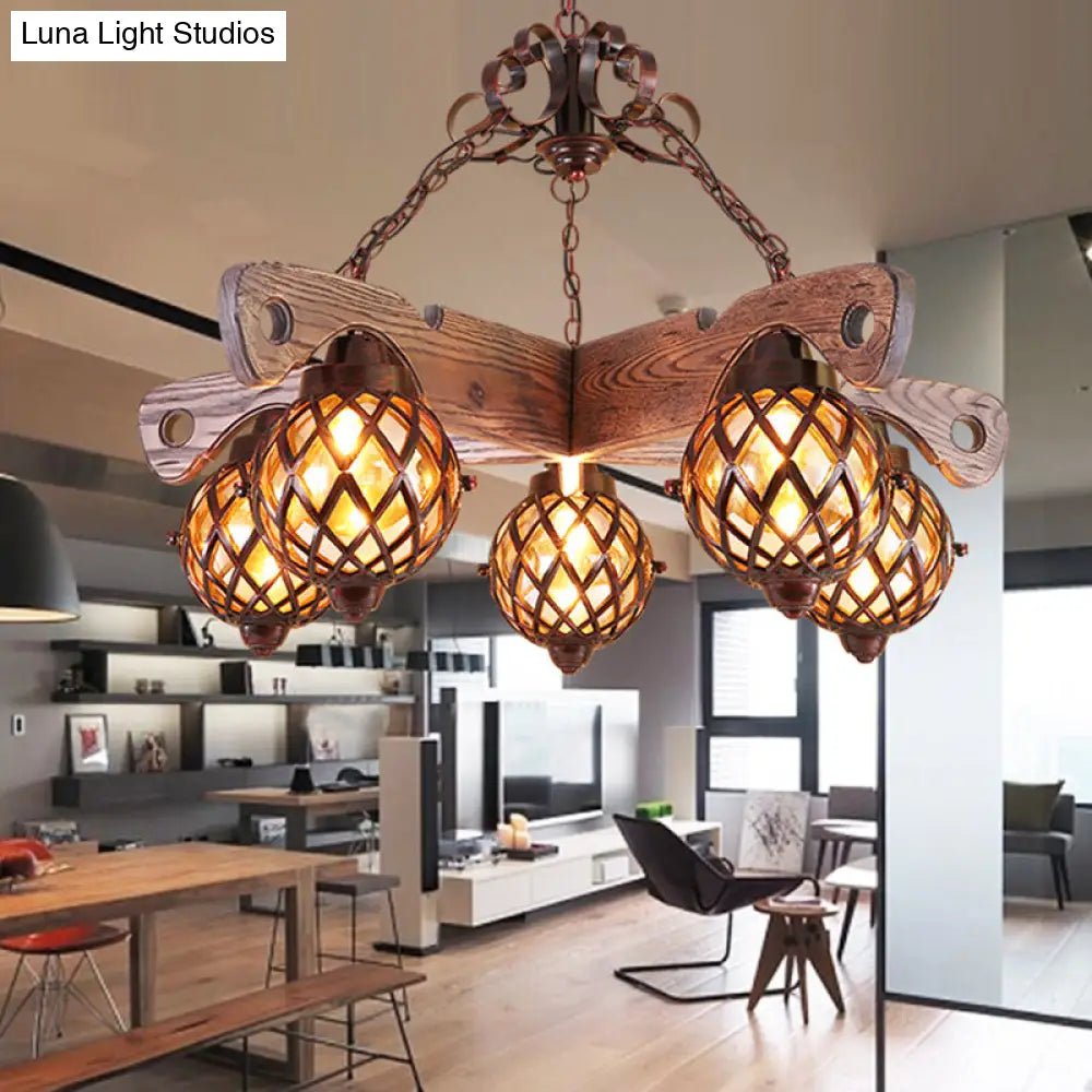 Amber Glass Globe Chandelier With Adjustable Heads In Country Style Black Pendant Light