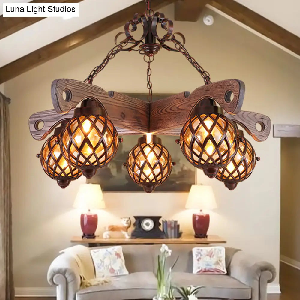 Amber Glass Globe Chandelier With Adjustable Heads In Country Style Black Pendant Light