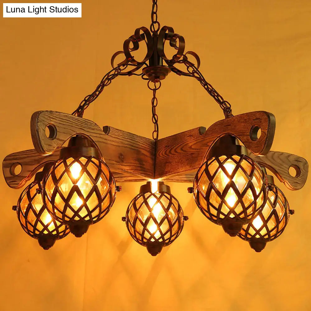 Amber Glass Globe Chandelier With Adjustable Heads In Country Style Black Pendant Light 5 /