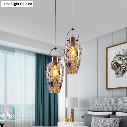 Industrial Amber Glass Pendant Ceiling Lamp With Gold Conical Design Multi Light 2/3 Heads - Ideal