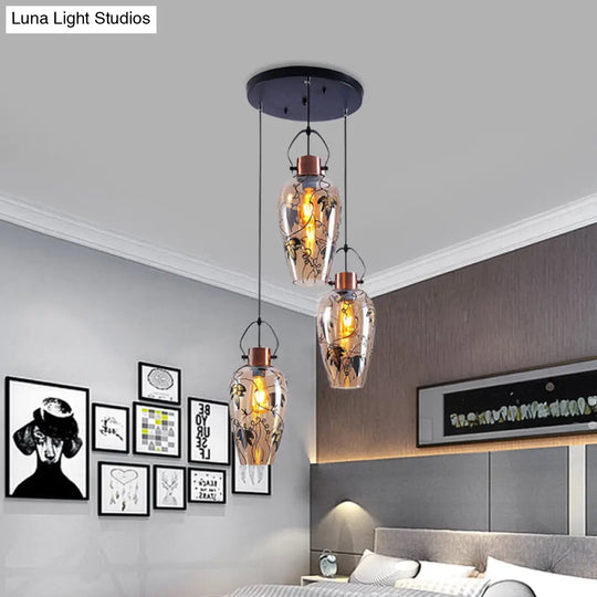 Industrial Amber Glass Pendant Ceiling Lamp With Gold Conical Design Multi Light 2/3 Heads - Ideal
