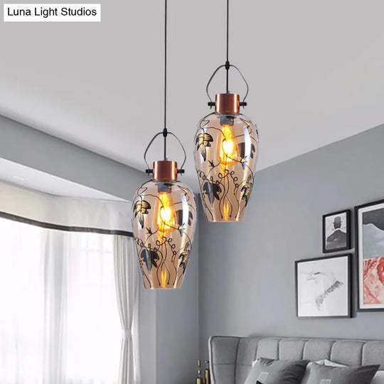Amber Glass Gold Conical Pendant Light With Maple Leaf Pattern - Industrial Style 2/3 Head Ceiling