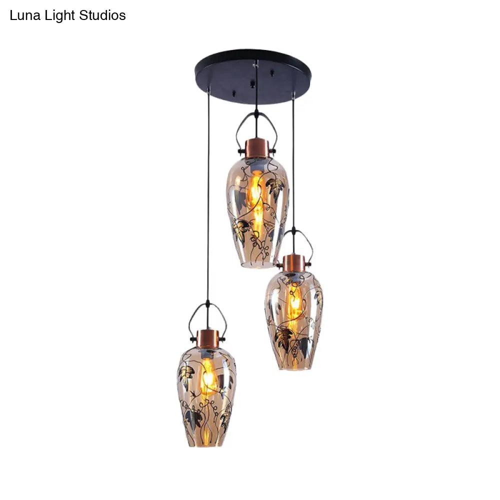 Amber Glass Gold Conical Pendant Light With Maple Leaf Pattern - Industrial Style 2/3 Head Ceiling