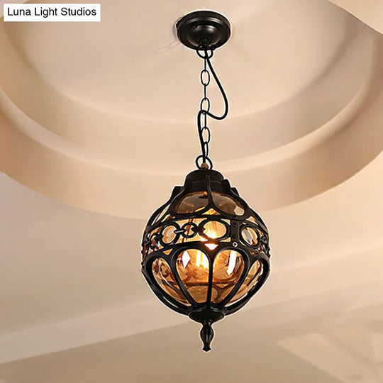 Amber Glass Loft Sphere Pendant Light - Outdoor Hanging For Balcony (7/9 W) In Black/Bronze Black /