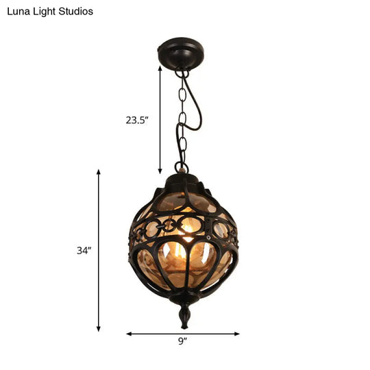 Amber Glass Loft Sphere Pendant Light - Outdoor Hanging For Balcony (7/9 W) In Black/Bronze