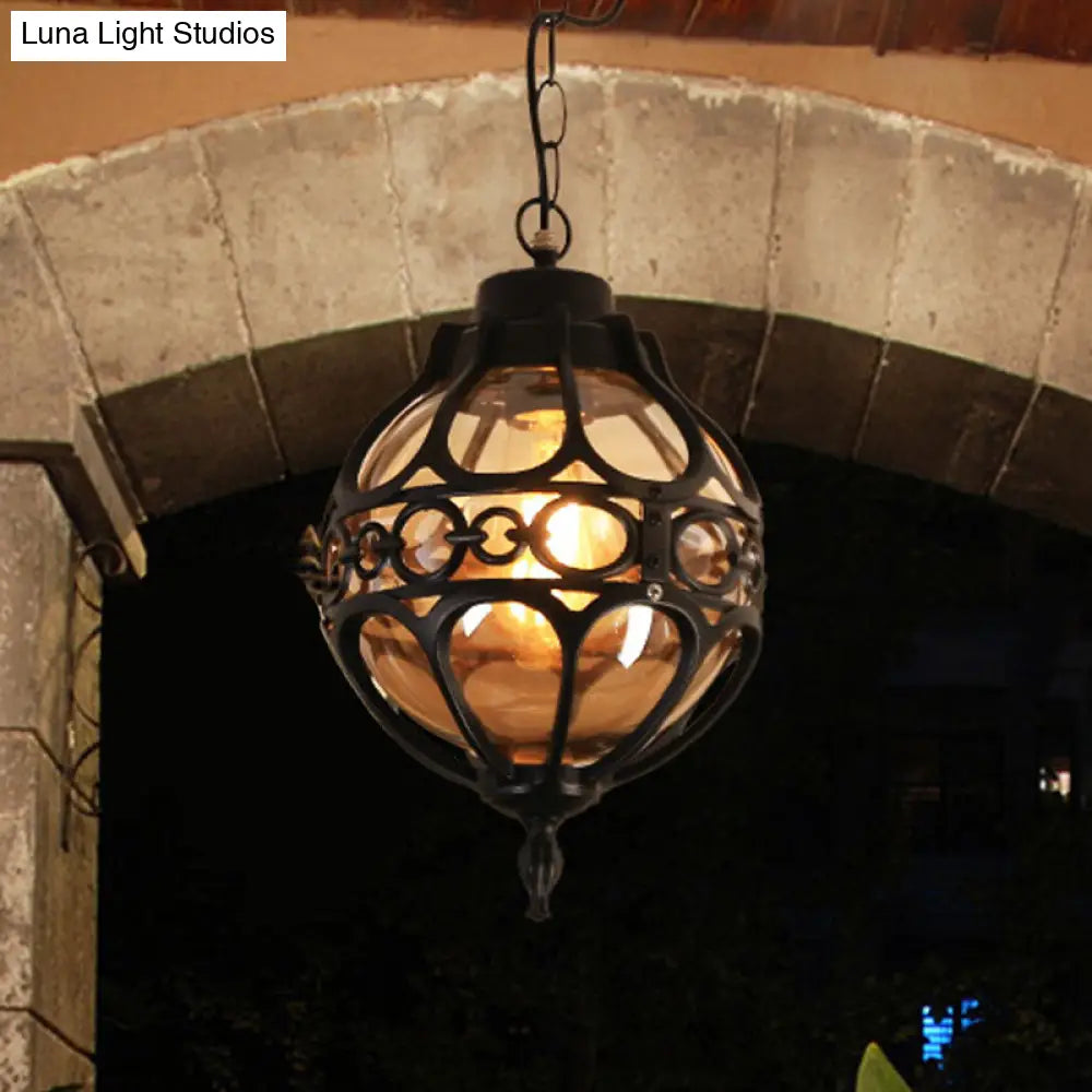 Amber Glass Loft Sphere Pendant Light - Outdoor Hanging For Balcony (7/9 W) In Black/Bronze