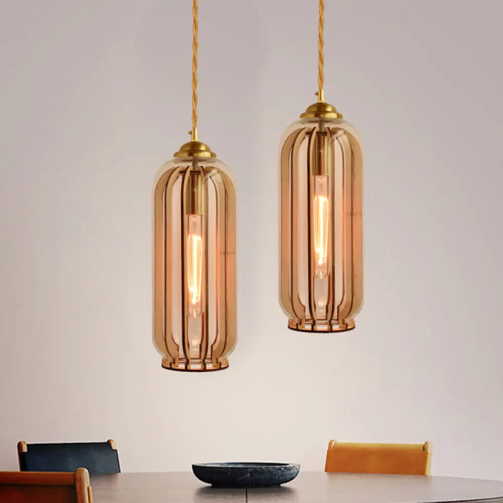 Amber Glass Industrial Hanging Lamp With Gold Suspension – Single Bulb | Capsule/Dome Dining Room