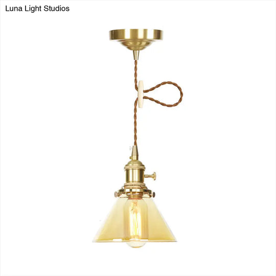 Amber Glass Industrial Pendant Lamp - Adjustable Cord 1-Light Cone Hanging Ceiling Light