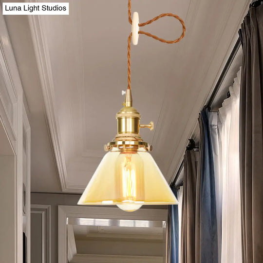 Amber Glass Industrial Pendant Lamp - Adjustable Cord 1-Light Cone Hanging Ceiling Light