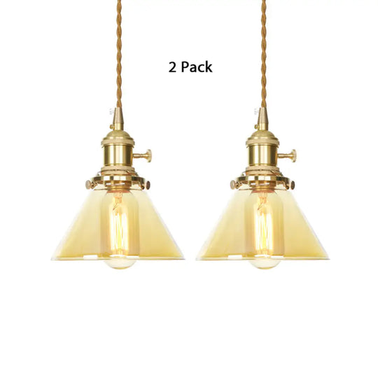 Amber Glass Industrial Pendant Lamp - Adjustable Cord Hanging Ceiling Light 1 Cone Design / 2