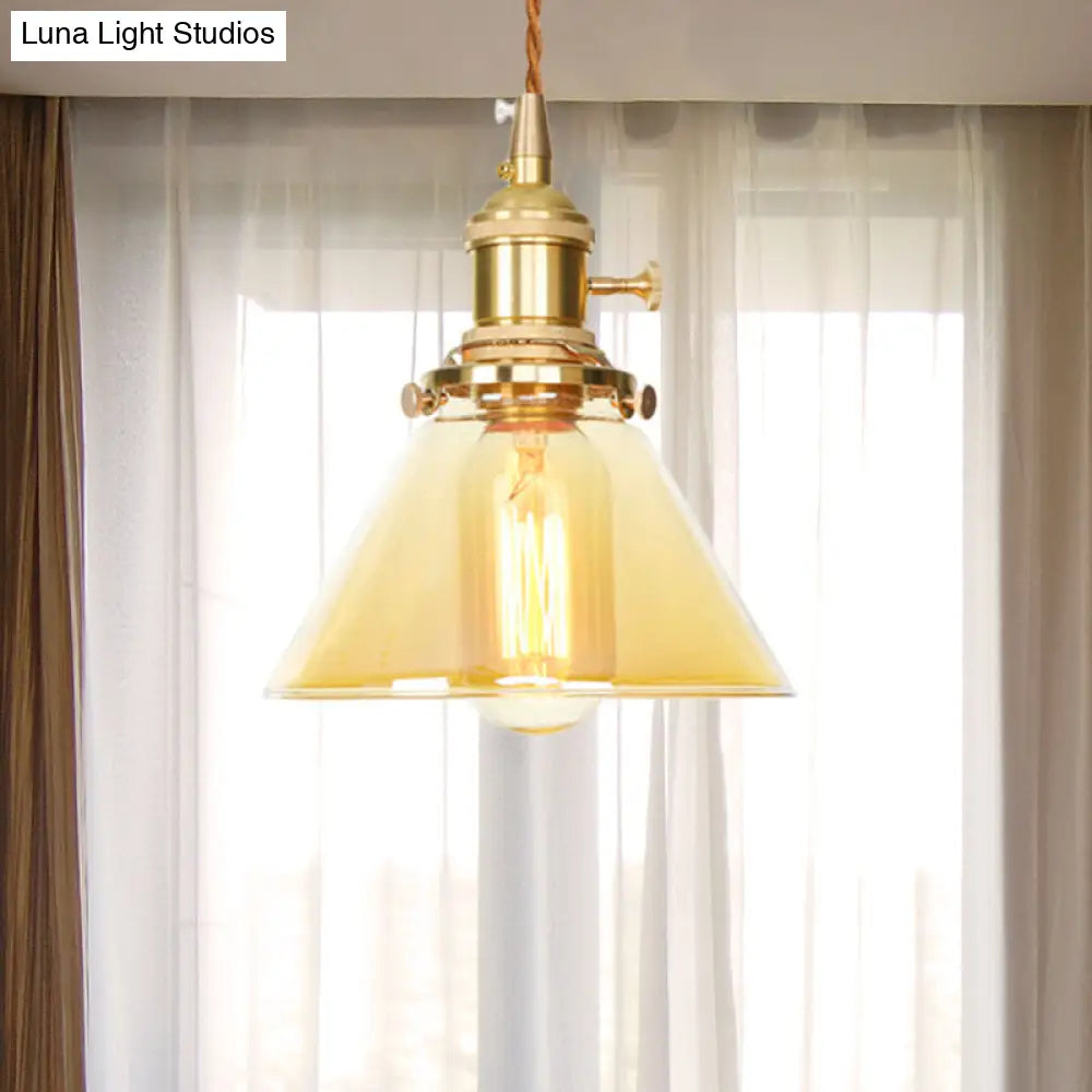 Amber Glass Industrial Pendant Lamp - Adjustable Cord 1-Light Cone Hanging Ceiling Light