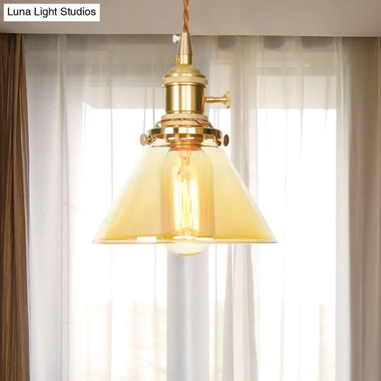 Amber Glass Industrial Pendant Lamp - Adjustable Cord 1-Light Cone Hanging Ceiling Light