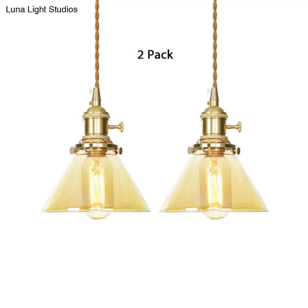 Amber Glass Industrial Pendant Lamp - Adjustable Cord 1-Light Cone Hanging Ceiling Light / 2