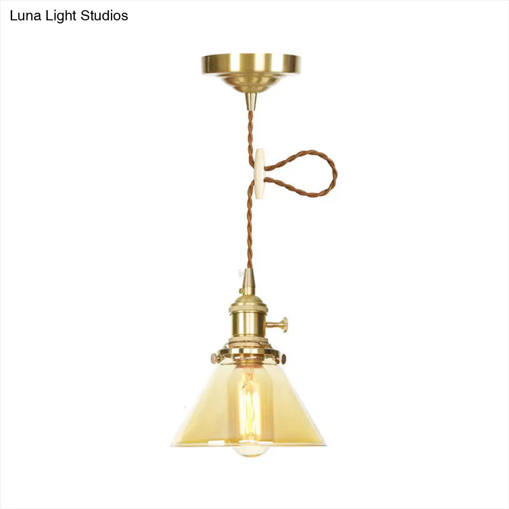 Amber Glass Industrial Pendant Lamp - Adjustable Cord Hanging Ceiling Light 1 Cone Design