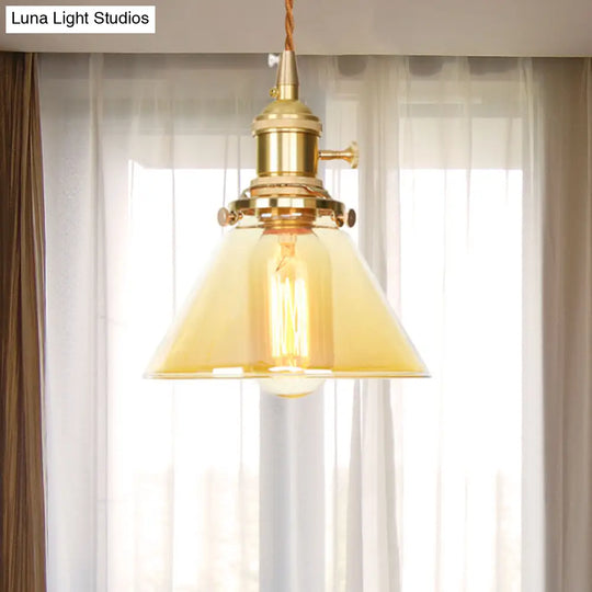 Amber Glass Industrial Pendant Lamp - Adjustable Cord Hanging Ceiling Light 1 Cone Design