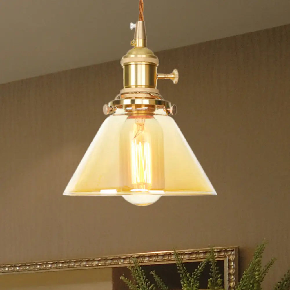 Amber Glass Industrial Pendant Lamp - Adjustable Cord Hanging Ceiling Light 1 Cone Design /