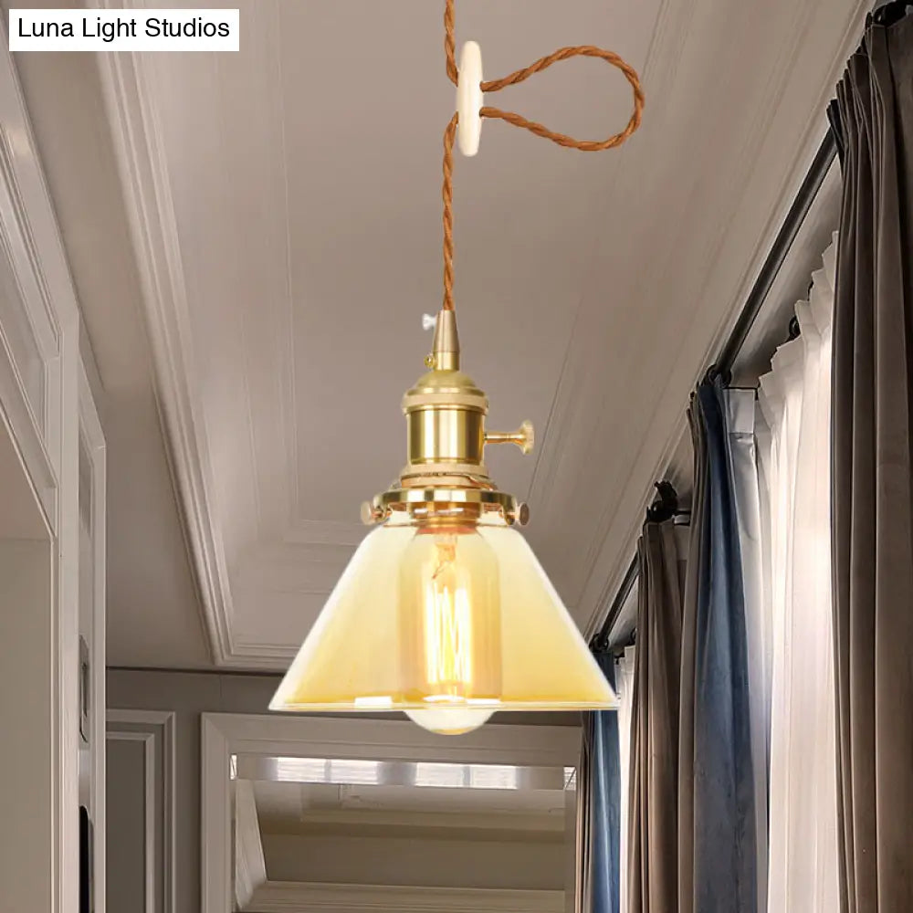 Amber Glass Industrial Pendant Lamp - Adjustable Cord Hanging Ceiling Light 1 Cone Design