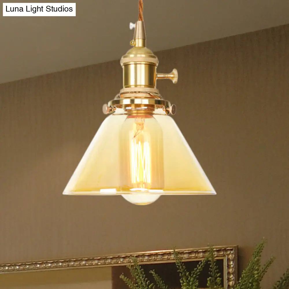 Amber Glass Industrial Pendant Lamp - Adjustable Cord 1-Light Cone Hanging Ceiling Light / 1