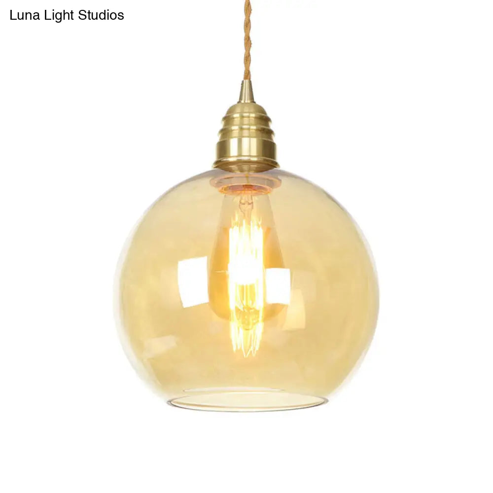 Amber Glass Pendant Lighting - Industrial Global Ceiling Light In Brass (8 /10 /12 Wide)