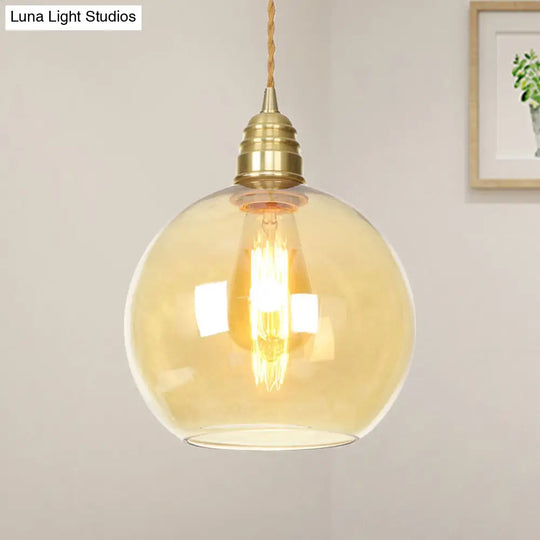 Amber Glass Pendant Lighting - Industrial Global Ceiling Light In Brass (8 /10 /12 Wide)