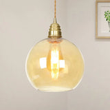 Amber Glass Pendant Lighting - Industrial Global Ceiling Light In Brass (8 /10 /12 Wide)
