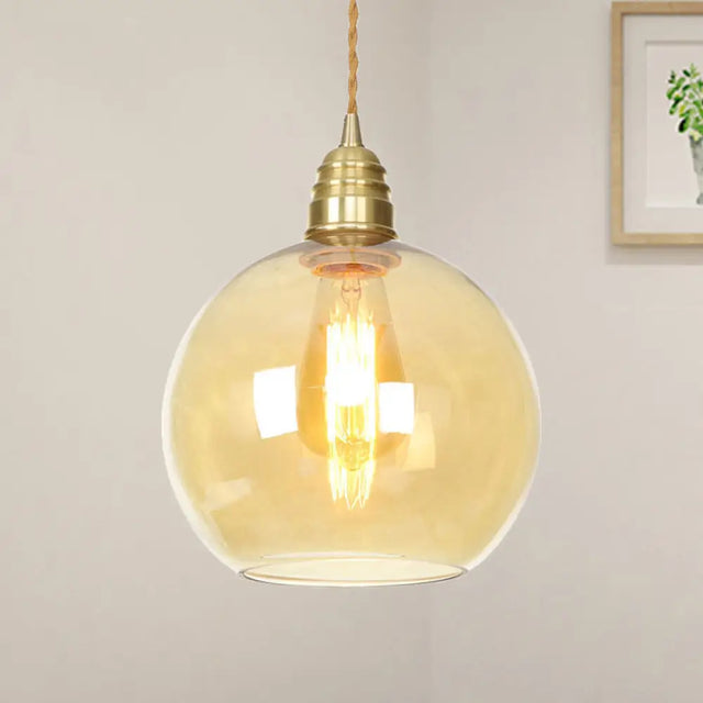 Amber Glass Pendant Lighting - Industrial Global Ceiling Light In Brass (8 /10 /12 Wide)