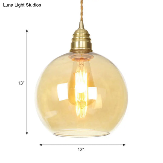 Amber Glass Pendant Lighting - Industrial Global Ceiling Light In Brass (8 /10 /12 Wide)