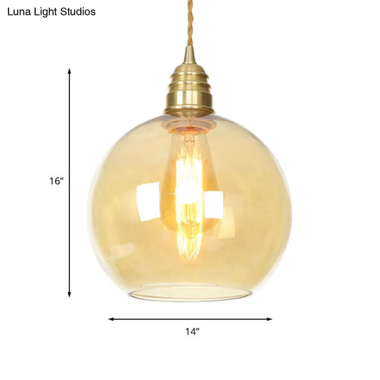 Amber Glass Pendant Lighting - Industrial Global Ceiling Light In Brass (8 /10 /12 Wide)