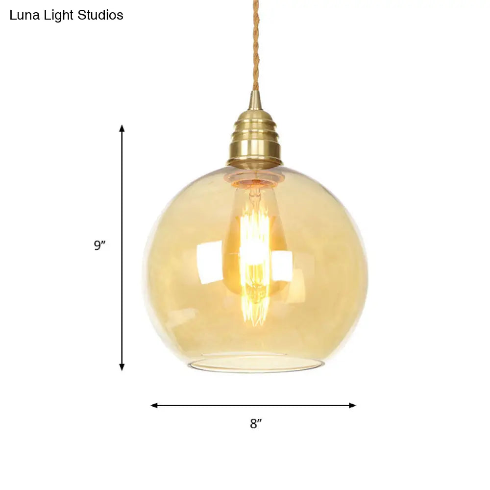 Amber Glass Pendant Lighting - Industrial Global Ceiling Light In Brass (8 /10 /12 Wide)