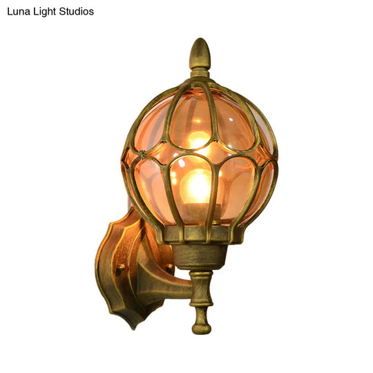 Amber Glass Industrial Wall Sconce Lamp - Globe Living Room Fixture In Black/Gold/Bronze 3 Sizes