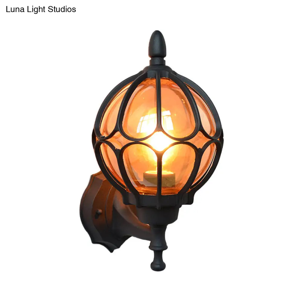 Amber Glass Industrial Wall Sconce Lamp - Globe Living Room Fixture In Black/Gold/Bronze 3 Sizes