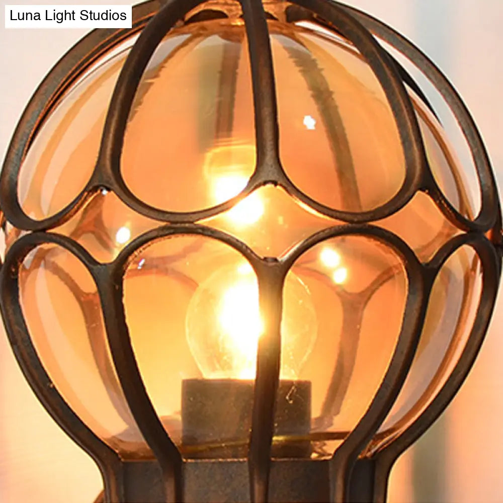 Amber Glass Industrial Wall Sconce Lamp - Globe Living Room Fixture In Black/Gold/Bronze 3 Sizes