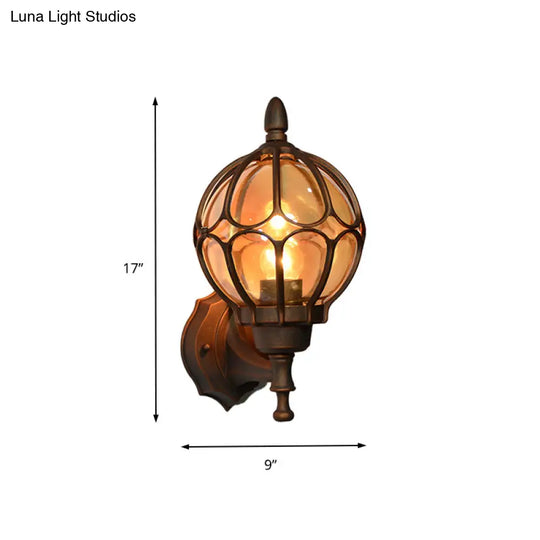 Amber Glass Industrial Wall Sconce Lamp - Globe Living Room Fixture In Black/Gold/Bronze 3 Sizes